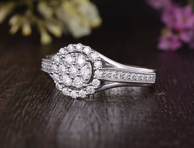 Round Cut Moissanite Cluster Engagement Ring, Vintage Design, Choose Your Metal