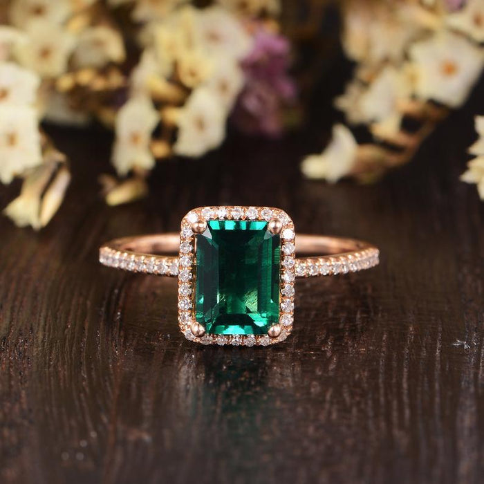 Emerald Cut Lab Grown Emerald Engagement Ring Vintage Design Infinity Diamond Jewellery