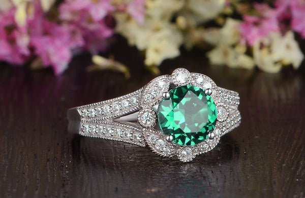 1.25ct Round Cut Lab Grown Emerald Engagement Ring, Vintage Design, Choose Your Metal