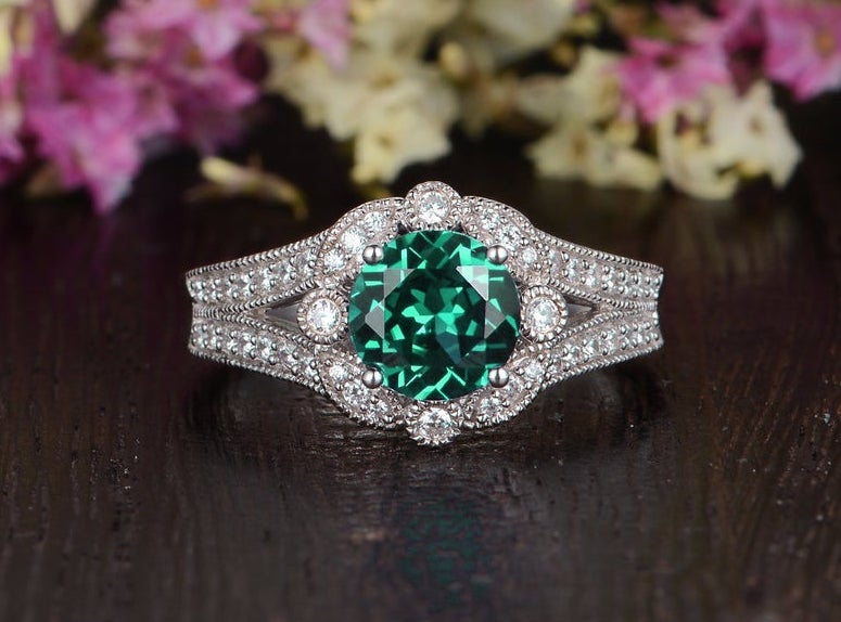 1.25ct Round Cut Lab Grown Emerald Engagement Ring, Vintage Design, Choose Your Metal