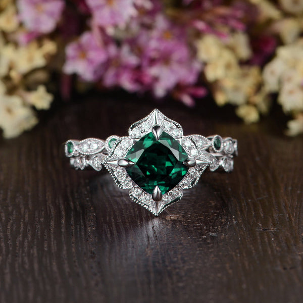 2.00ct Cushion Cut Lab Grown Emerald Bridal Ring Set, Vintage Design, Choose Your Metal