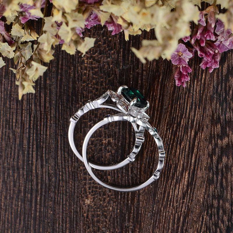 2.00ct Cushion Cut Lab Grown Emerald Bridal Ring Set, Vintage Design, Choose Your Metal