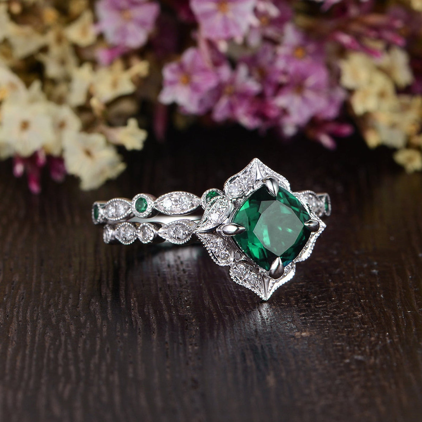 Cushion Cut Lab Grown Emerald Bridal Ring Set Vintage Design
