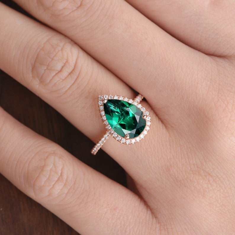 Pear Cut Lab Grown Emerald Engagement Ring Vintage Design Infinity Diamond Jewellery