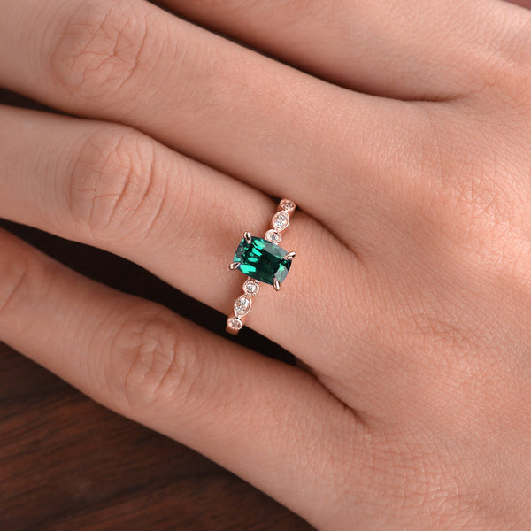1.25ct Cushion Cut Lab Grown Emerald Engagement Ring, Vintage Design, Choose Your Metal