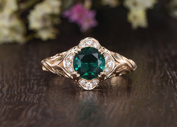 1.00ct Round Cut Lab Grown Emerald Engagement Ring, Vintage Design, Choose Your Metal