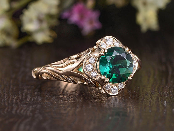 1.00ct Round Cut Lab Grown Emerald Engagement Ring, Vintage Design, Choose Your Metal