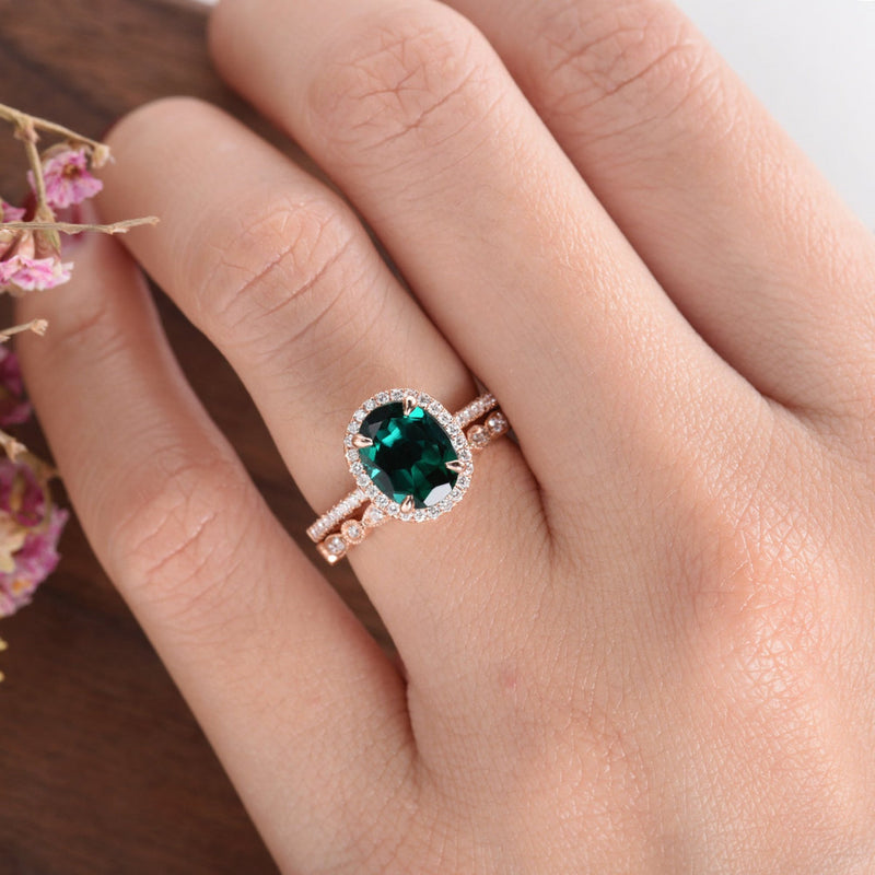 2.00ct Oval Cut Lab Grown Emerald Bridal Ring Set, Vintage Design, Choose Your Metal