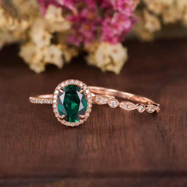 2.00ct Oval Cut Lab Grown Emerald Bridal Ring Set, Vintage Design, Choose Your Metal