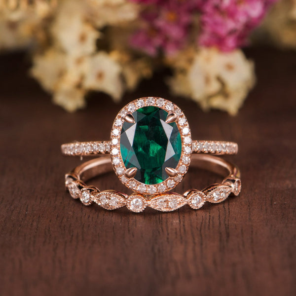 2.00ct Oval Cut Lab Grown Emerald Bridal Ring Set, Vintage Design, Choose Your Metal