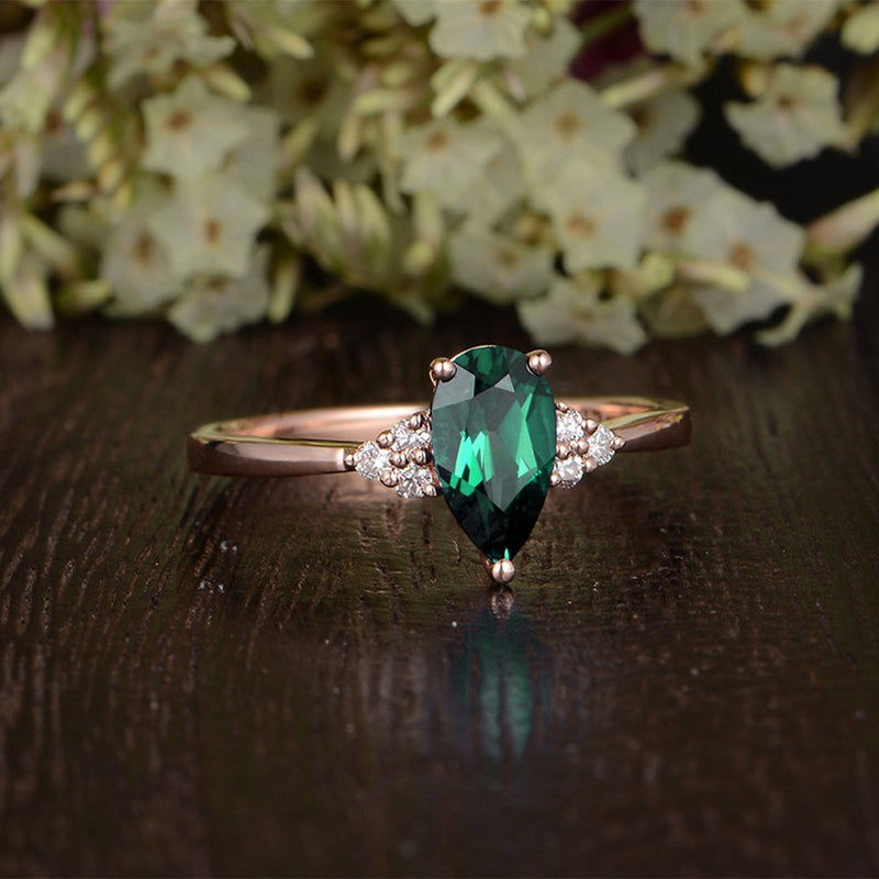 1.00ct Pear Cut Lab Grown Emerald Engagement Ring, Vintage Design, Choose Your Metal