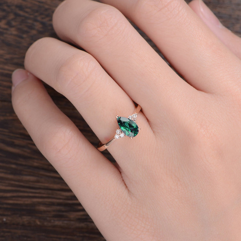 1.00ct Pear Cut Lab Grown Emerald Engagement Ring, Vintage Design, Choose Your Metal