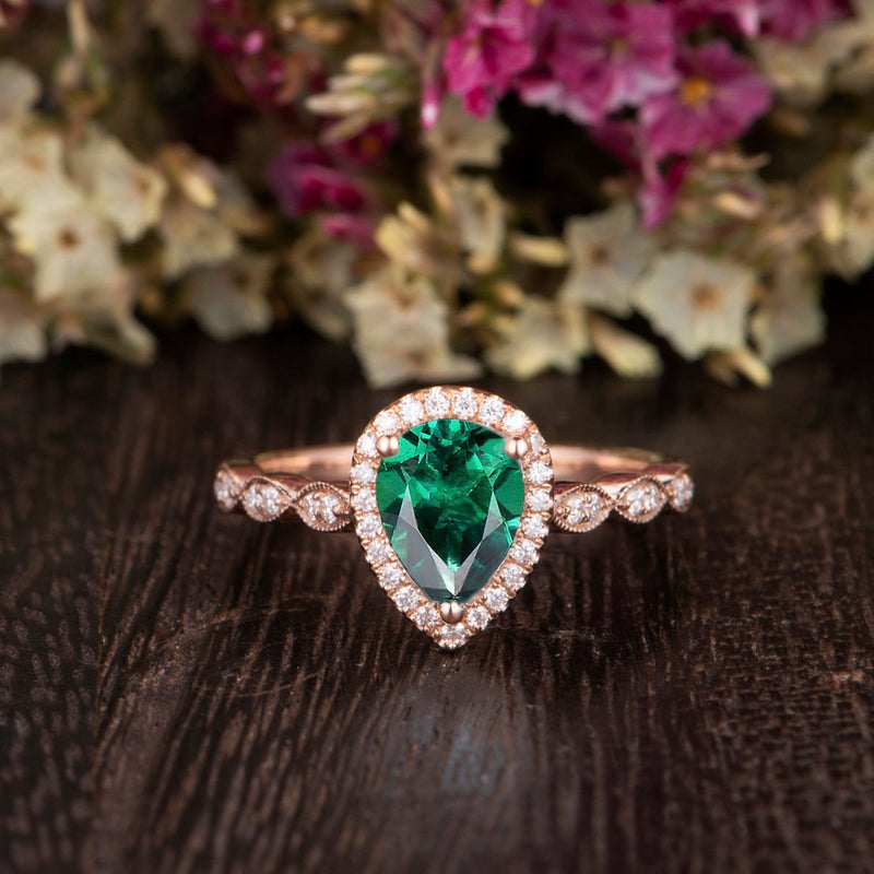 1.25ct Pear Cut Lab Grown Emerald Engagement Ring, Vintage Design, Choose Your Metal