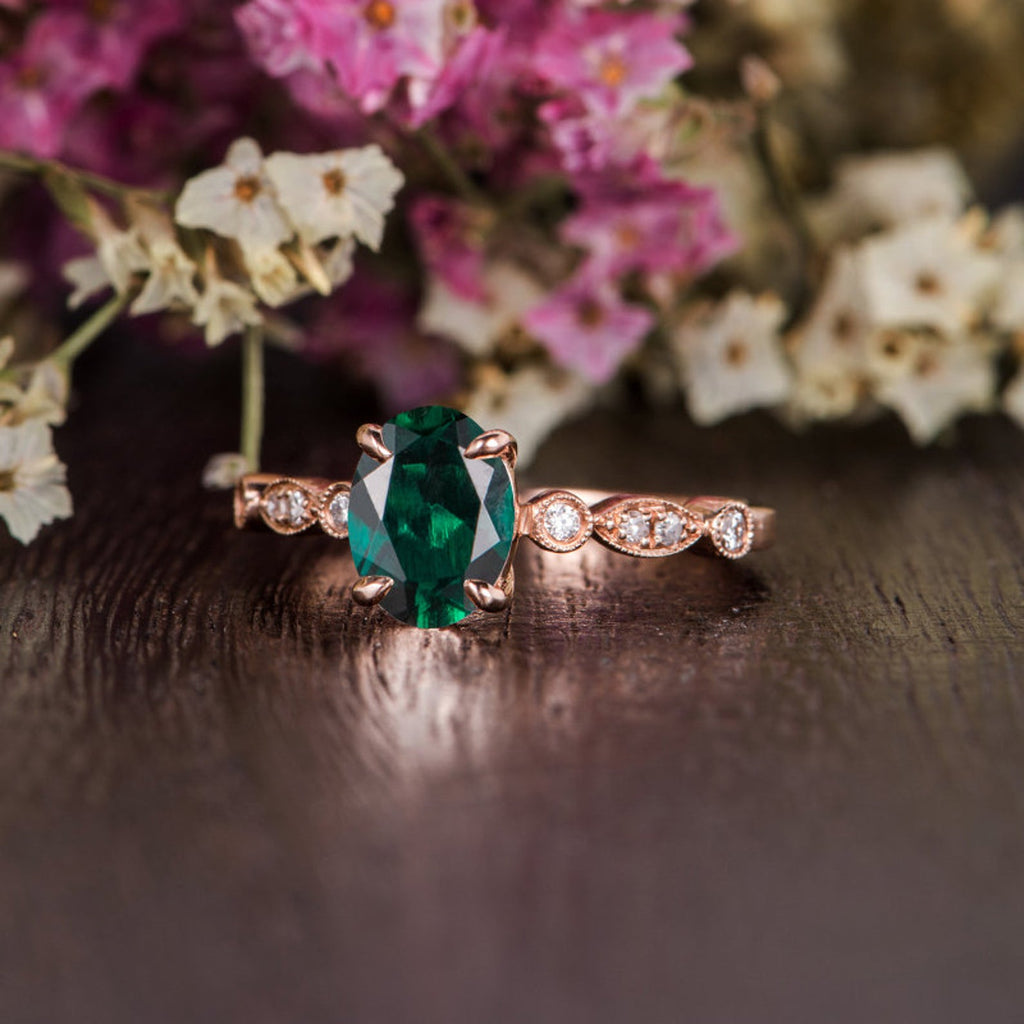 105xOval Emerald Diamond Solid 14KG Cocktail Ring