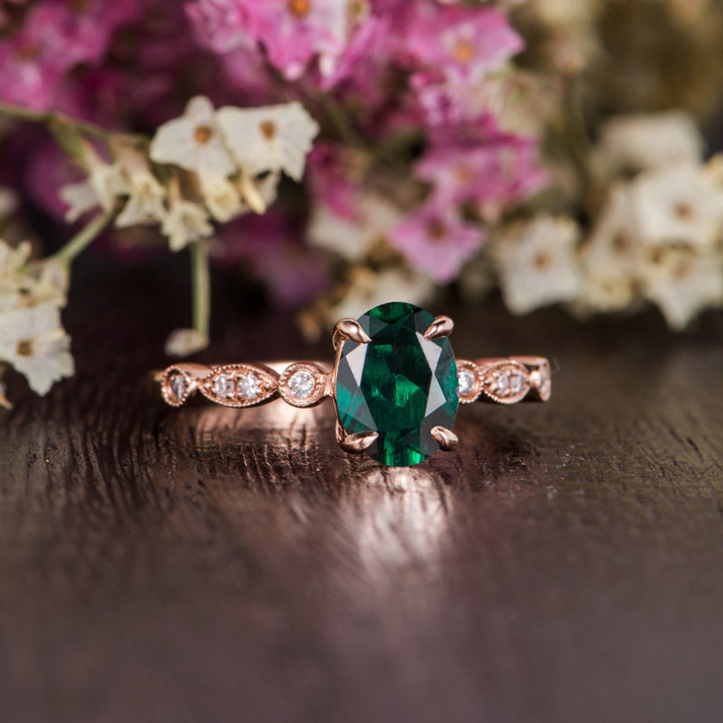 5.94tcw Oval Emerald Cabochon and Diamond Three Stone Gold Ring 14K For  Sale at 1stDibs