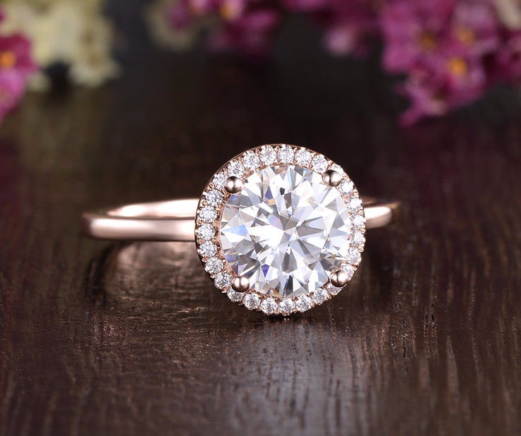Round Cut Moissanite Engagement Ring, Art Deco Halo Design, Choose Your Stone Size & Metal