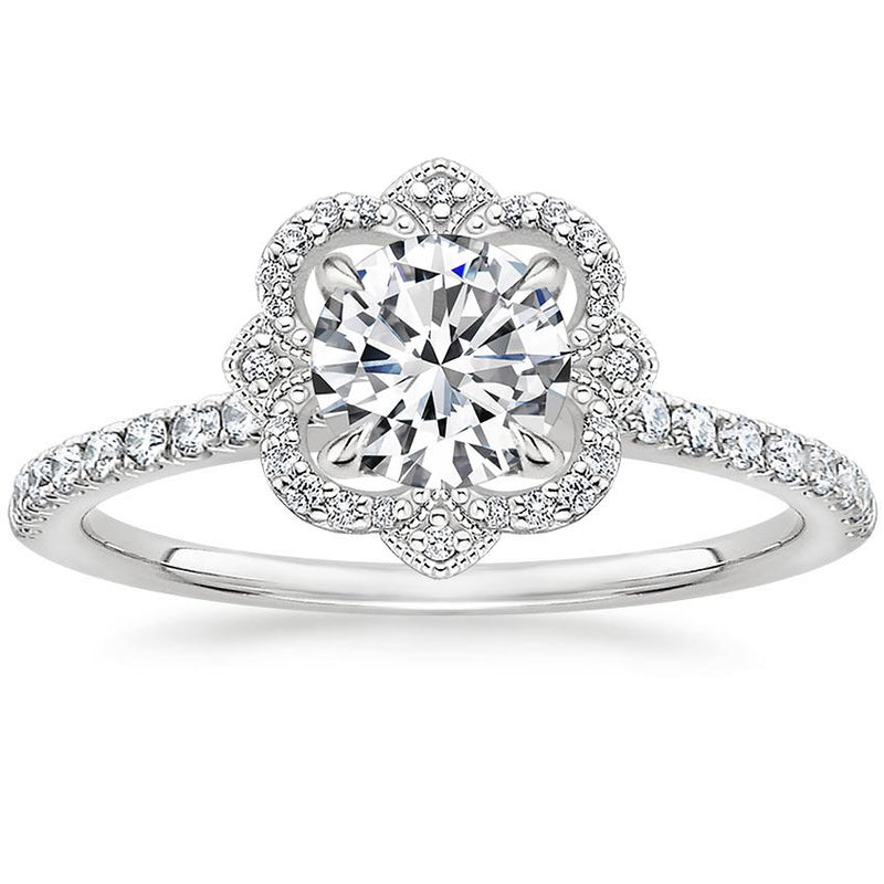 1.00ct Vintage Round Cut Moissanite Halo Engagement Ring, Available in White Gold, Platinum, Rose Gold or Yellow Gold