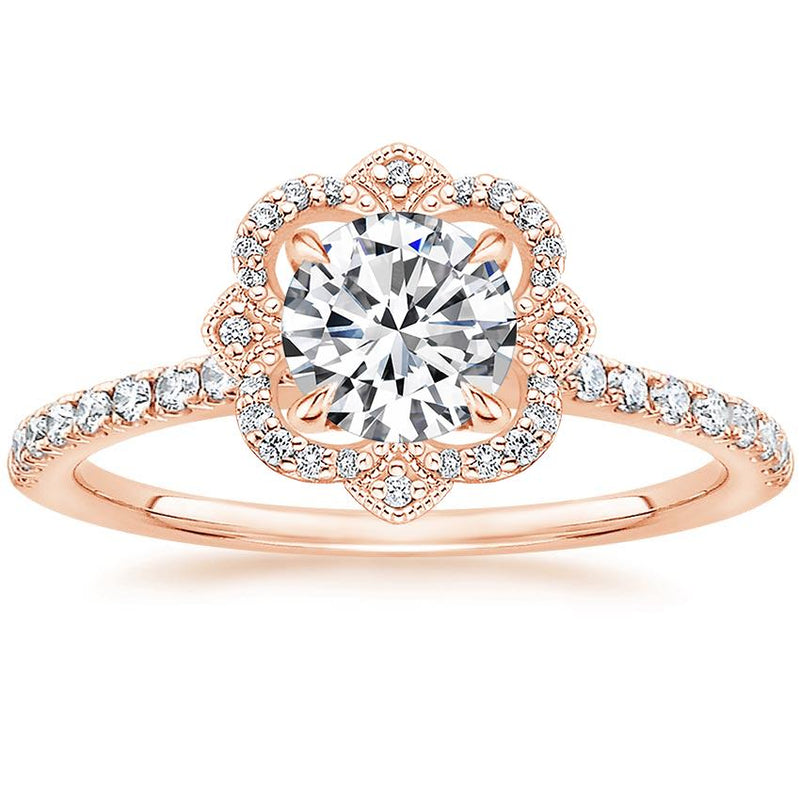 1.00ct Vintage Round Cut Moissanite Halo Engagement Ring, Available in White Gold, Platinum, Rose Gold or Yellow Gold