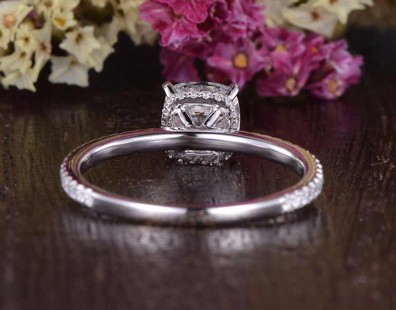 Cushion Cut Moissanite Engagement Ring, Hidden Halo Design, Choose Your Stone Size & Metal