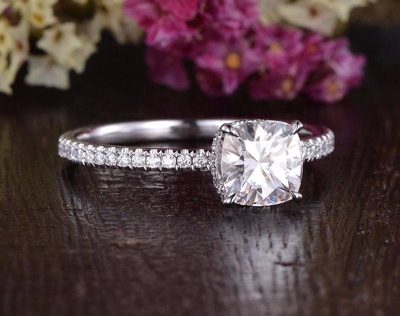 Cushion Cut Moissanite Engagement Ring, Hidden Halo Design, Choose Your Stone Size & Metal