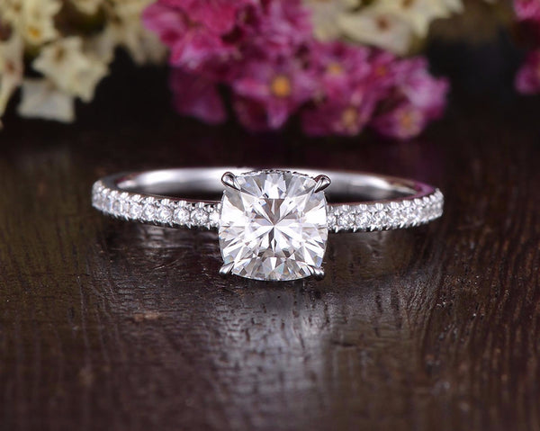 Cushion Cut Moissanite Engagement Ring, Hidden Halo Design, Choose Your Stone Size & Metal