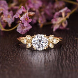 Round Cut Moissanite Engagement Ring, Unique Art Deco Design, Choose Your Stone Size & Metal