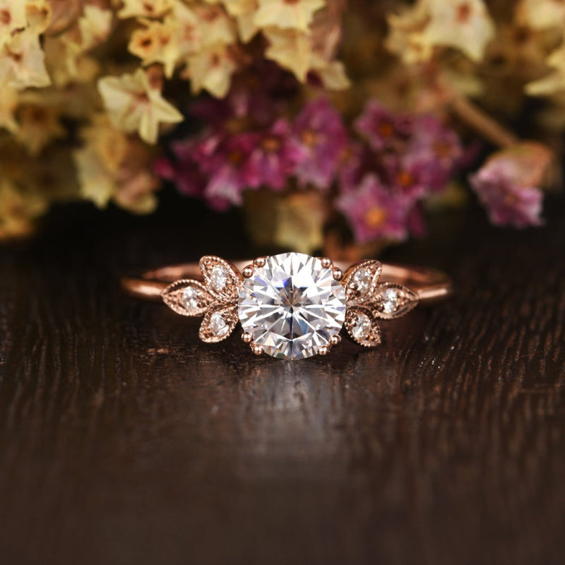 Round Cut Moissanite Engagement Ring, Unique Art Deco Design, Choose Your Stone Size & Metal