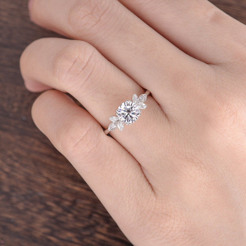 Round Cut Moissanite Engagement Ring, Unique Art Deco Design, Choose Your Stone Size & Metal