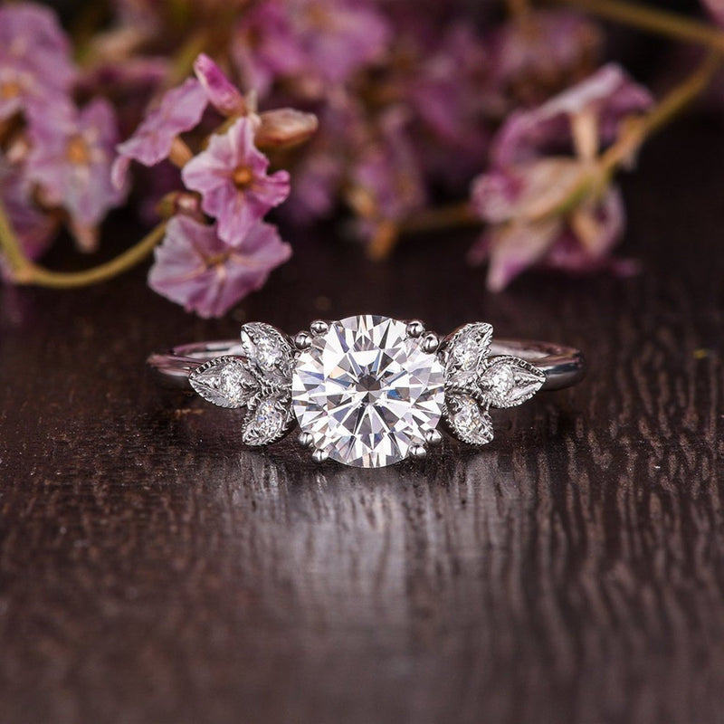 Round Cut Moissanite Engagement Ring, Unique Art Deco Design, Choose Your Stone Size & Metal