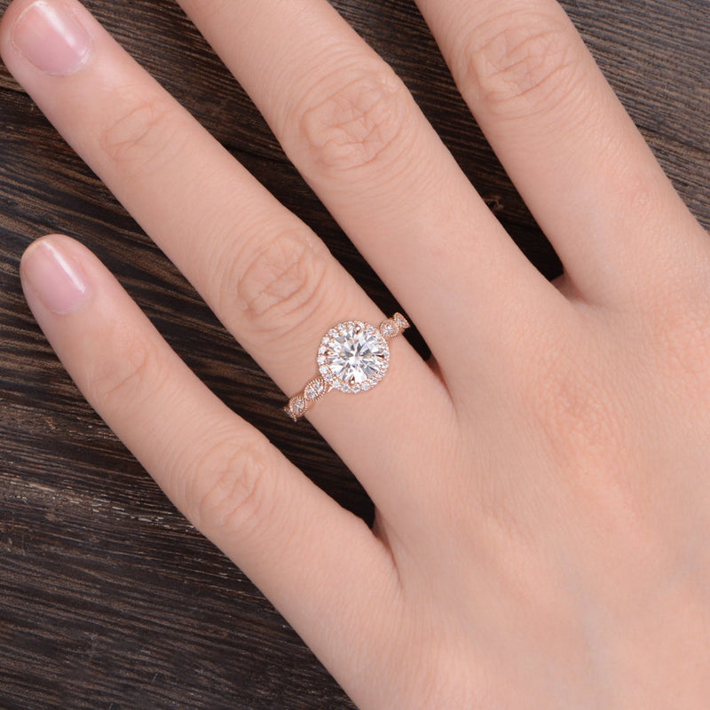 Round Cut Moissanite Engagement Ring, Art Deco Halo Design, Choose Your Stone Size & Metal