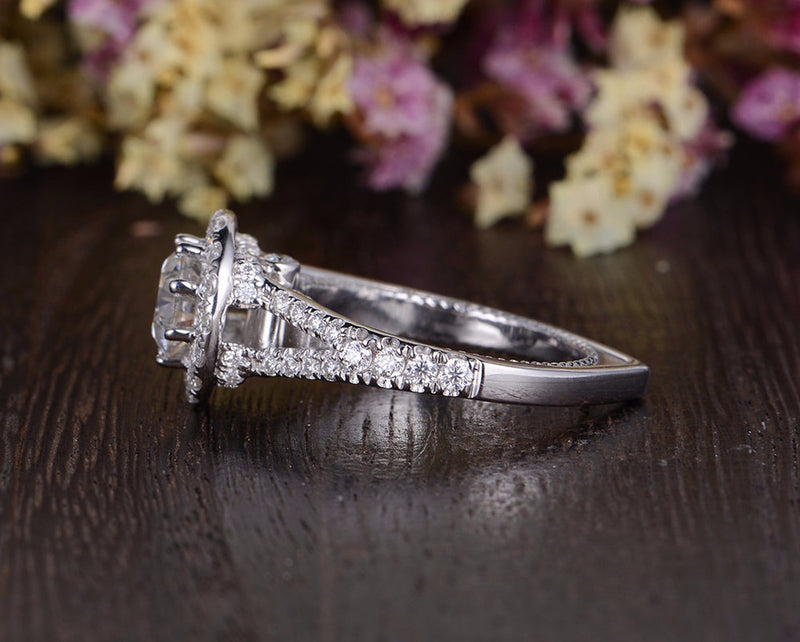 Round Cut Moissanite Engagement Ring, Unique Vintage Halo Design, Choose Your Stone Size & Metal