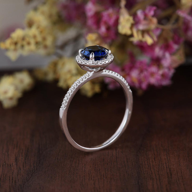 1.25ct Lab Created Blue Sapphire Halo Engagement Ring, Vintage Design, Available In All Metal Types