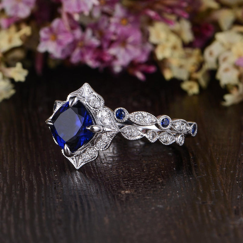 2.00ct Lab Created Blue Sapphire Engagement Ring, Art Deco Vintage Design, Available In All Metal Types