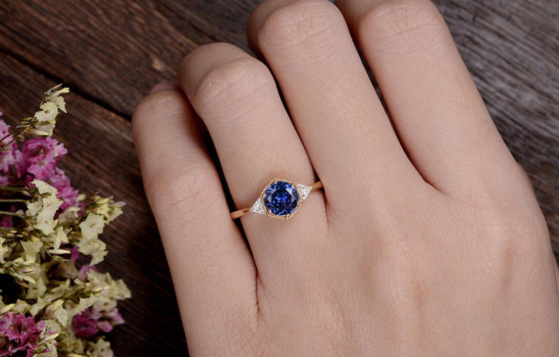 1.00ct Lab Created Blue Sapphire Engagement Ring, Art Deco Vintage Design, Available In All Metal Types
