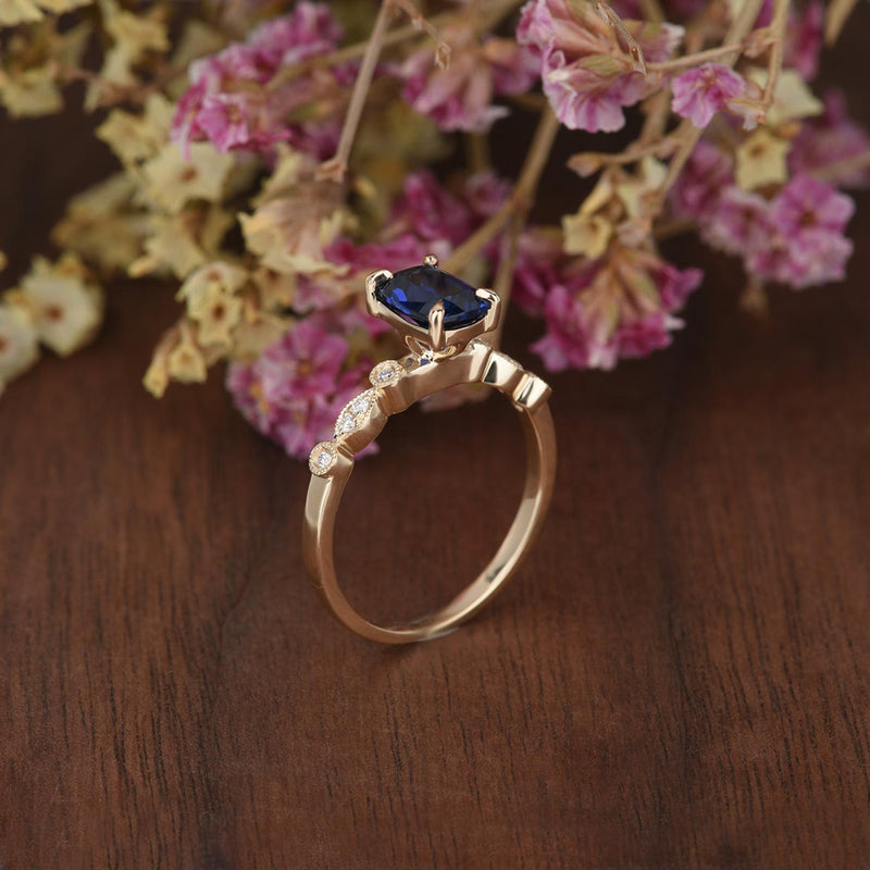 1.25ct Lab Created Blue Sapphire Engagement Ring, Art Deco Vintage Design, Cushion Cut, Available In All Metal Types