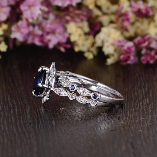 2.00ct Lab Created Blue Sapphire Engagement Ring, Art Deco Vintage Design, Available In All Metal Types