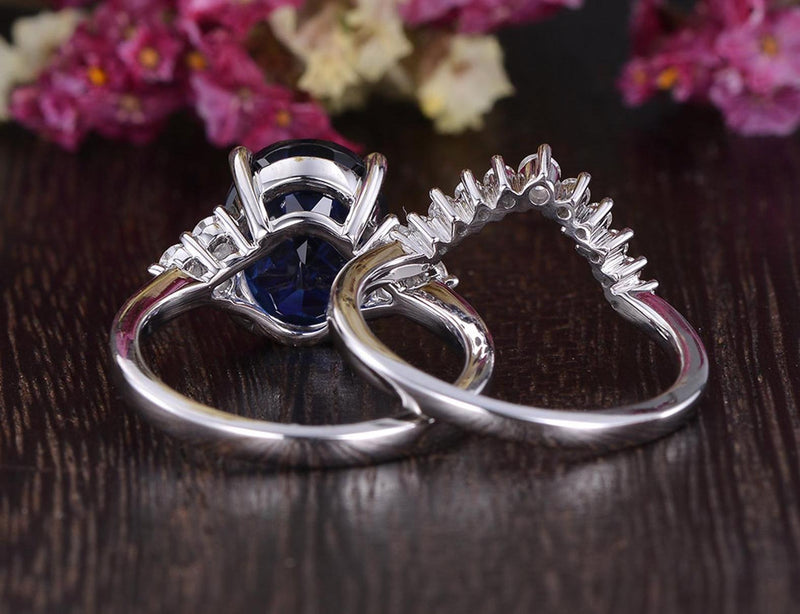 4.00ct Lab Created Blue Sapphire Ring Set, Art Deco Vintage Design, Oval Cut, Available In All Metal Types