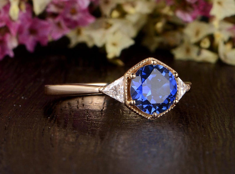 1.00ct Lab Created Blue Sapphire Engagement Ring, Art Deco Vintage Design, Available In All Metal Types