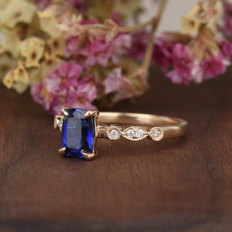 1.25ct Lab Created Blue Sapphire Engagement Ring, Art Deco Vintage Design, Cushion Cut, Available In All Metal Types