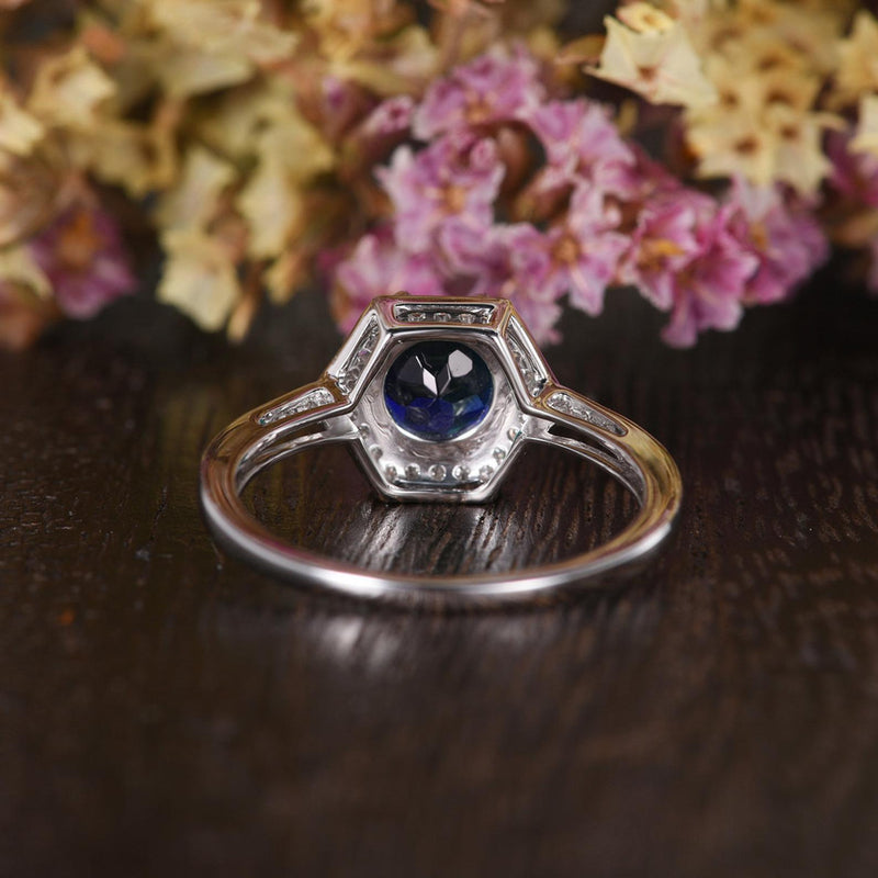 1.00ct Lab Created Blue Sapphire Engagement Ring, Art Deco Vintage Design, Round Cut, Available In All Metal Types