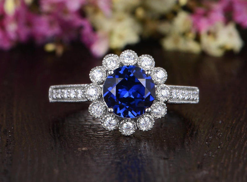 1.25ct Lab Created Blue Sapphire Engagement Ring, Art Deco Vintage Design, Available In All Metal Types