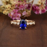 1.25ct Lab Created Blue Sapphire Engagement Ring, Art Deco Vintage Design, Cushion Cut, Available In All Metal Types