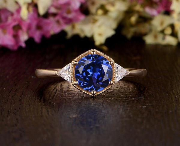 1.00ct Lab Created Blue Sapphire Engagement Ring, Art Deco Vintage Design, Available In All Metal Types