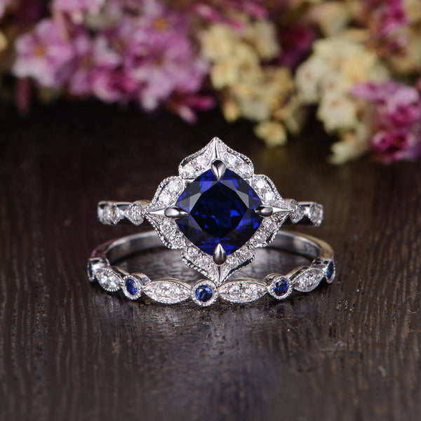 2.00ct Lab Created Blue Sapphire Engagement Ring, Art Deco Vintage Design, Available In All Metal Types