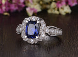 2.00ct Lab Created Blue Sapphire Engagement Ring, Art Deco Vintage Design, Cushion Cut, Available In All Metal Types