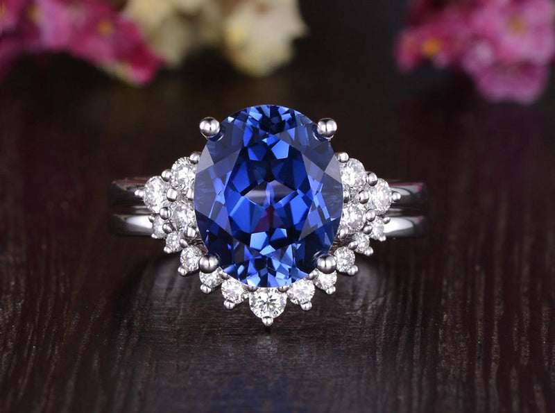 4.00ct Lab Created Blue Sapphire Ring Set, Art Deco Vintage Design, Oval Cut, Available In All Metal Types