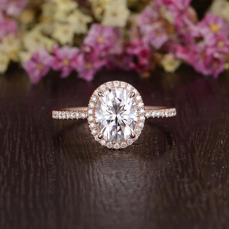 Oval Cut Moissanite Engagement Ring, Vintage Halo Design, Choose Your Stone Size & Metal