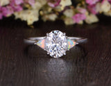 Oval Cut Moissanite & Opal Engagement Ring, Edwardian Design, Choose Your Stone Size & Metal