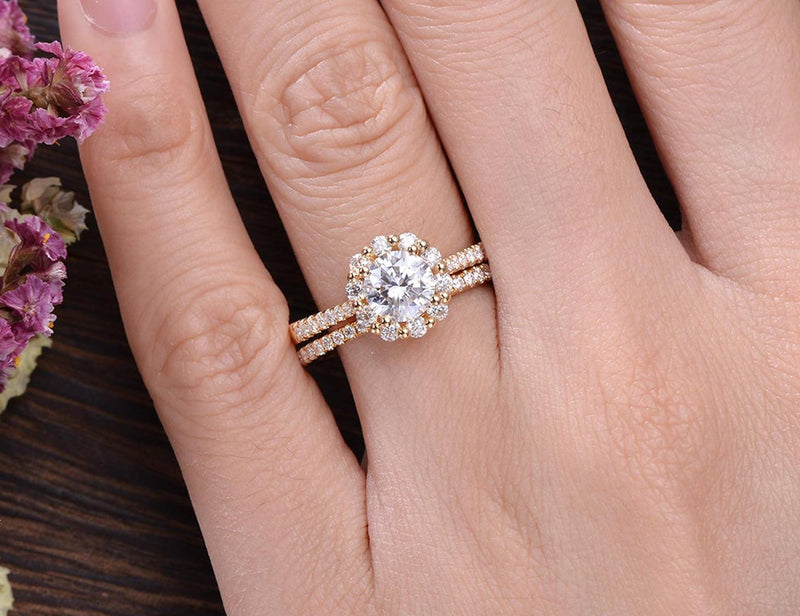 1.80ct Round Brilliant Cut Moissanite Engagement Ring Set, Available in All Metals, 1.00ct Main Stone