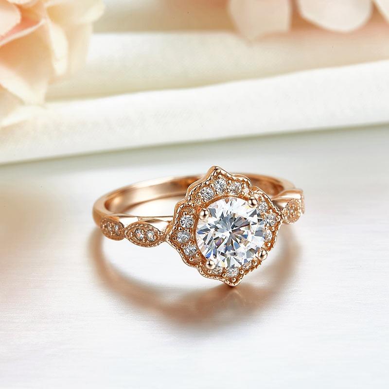 1.20ct Rose Gold, Round Brillaint Cut Diamond Halo Ring, 925 Sterling Silver Engagement Ring